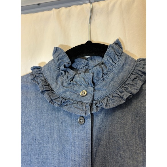 J.CREW Classic Chambray Blue Blouse Womens 02 Long Ruffle Sleeve C26 - Picture 2 of 5